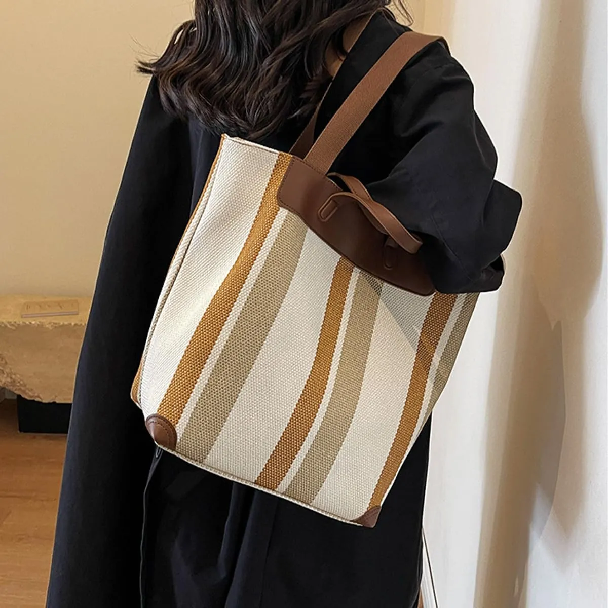 Canvas Tote Bag Tote Bag For Women Tote Bag With Zipper Work Bags For Women Casual Stripes Handbags For Women