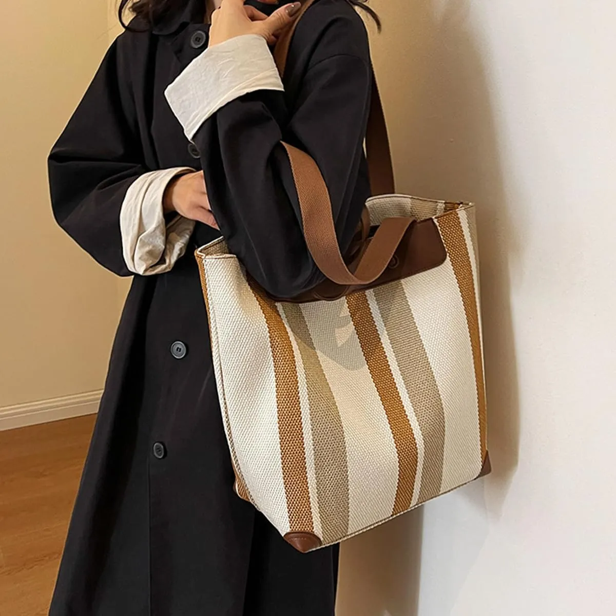 Canvas Tote Bag Tote Bag For Women Tote Bag With Zipper Work Bags For Women Casual Stripes Handbags For Women