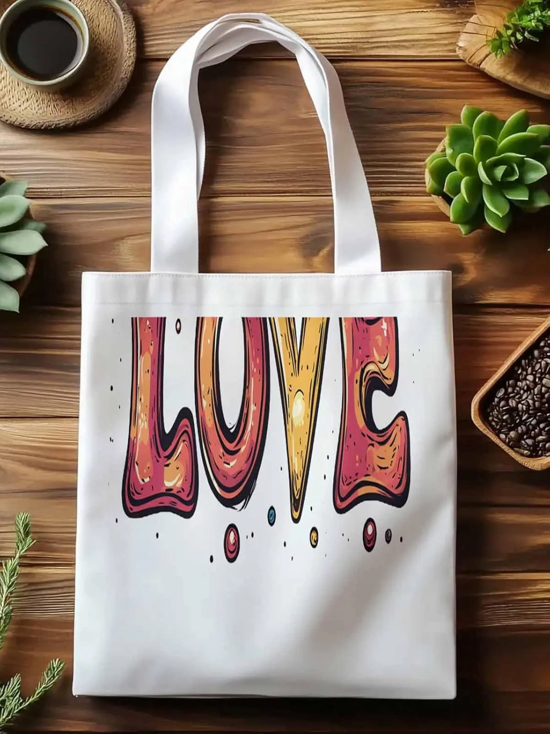Canvas Tote Bag, Valentine Love Orange patterned Canvas Tote Handbags for Women Shoulder Bag,
