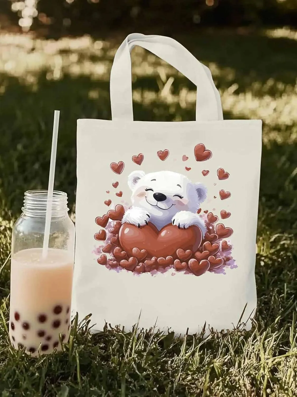 Canvas Tote Bag, Valentine's Day Aesthetic Canvas Tote Handbags for Women Shoulder Bag Cartoon Cute Animals