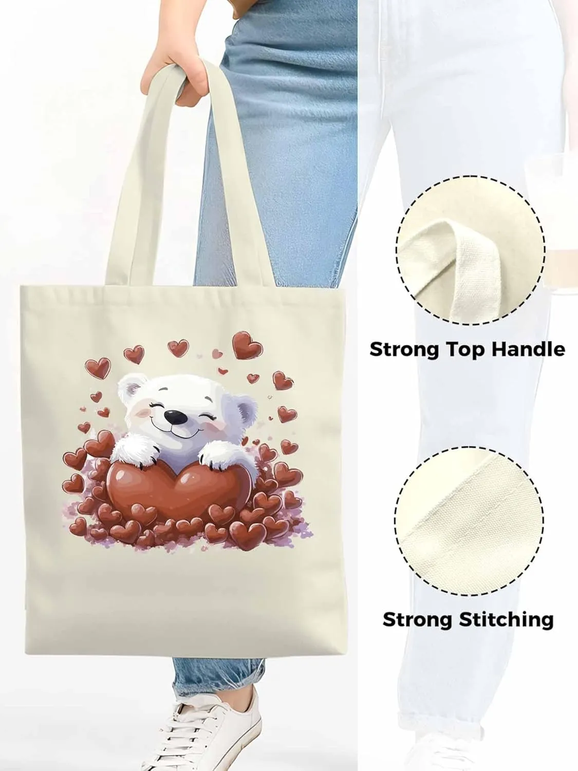 Canvas Tote Bag, Valentine's Day Aesthetic Canvas Tote Handbags for Women Shoulder Bag Cartoon Cute Animals