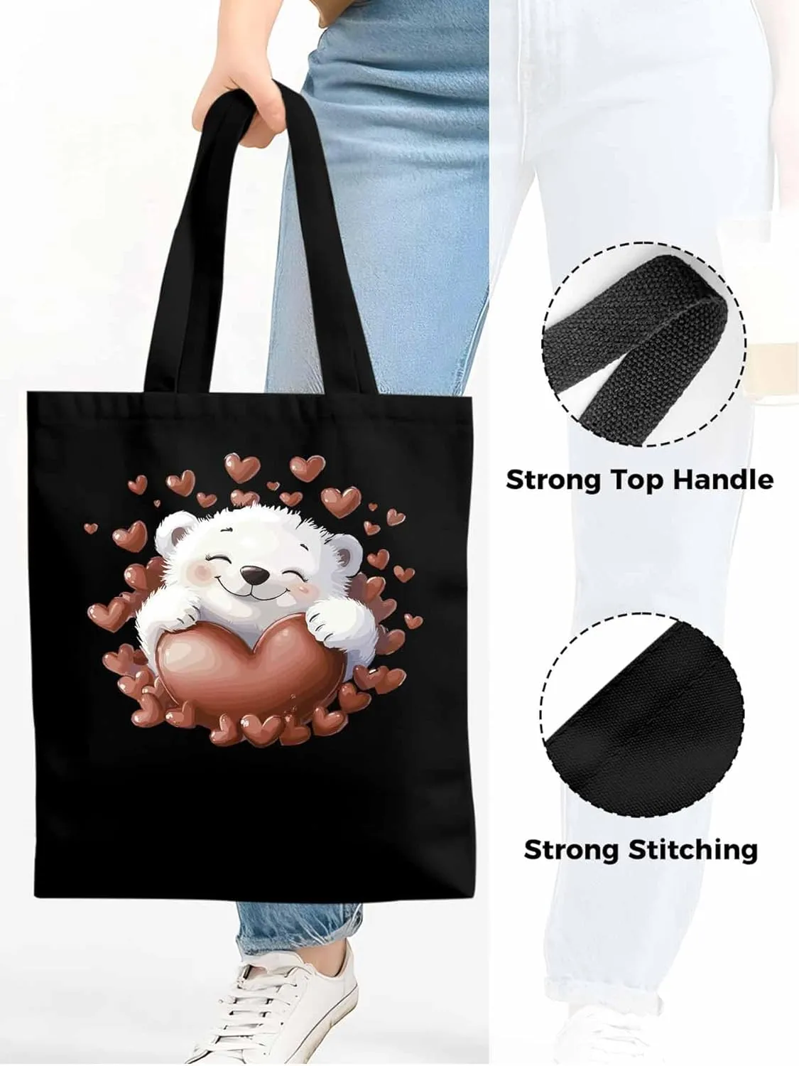 Canvas Tote Bag, Valentine's Day Aesthetic Canvas Tote Handbags for Women Shoulder Bag Love Heart Animals
