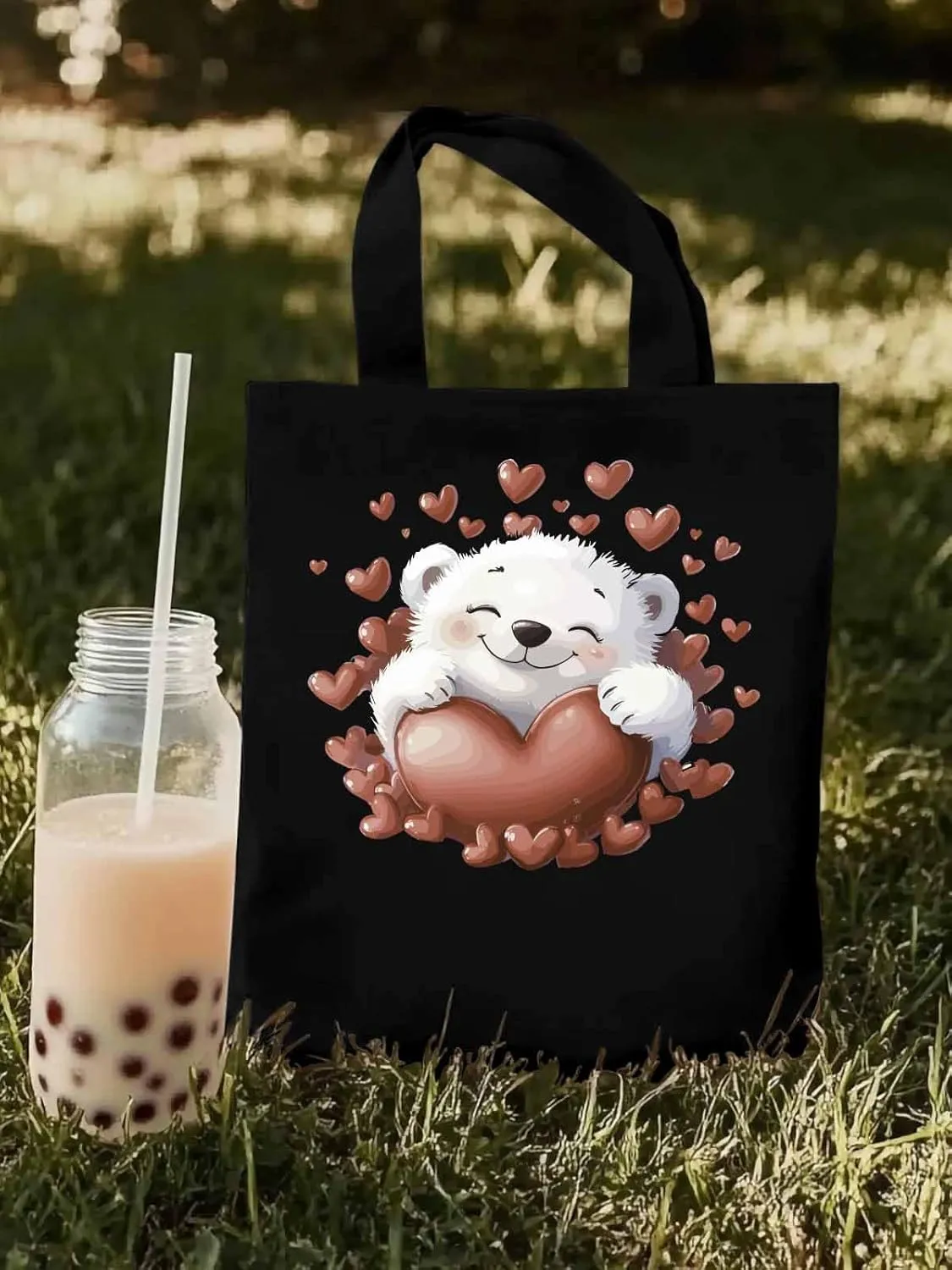 Canvas Tote Bag, Valentine's Day Aesthetic Canvas Tote Handbags for Women Shoulder Bag Love Heart Animals