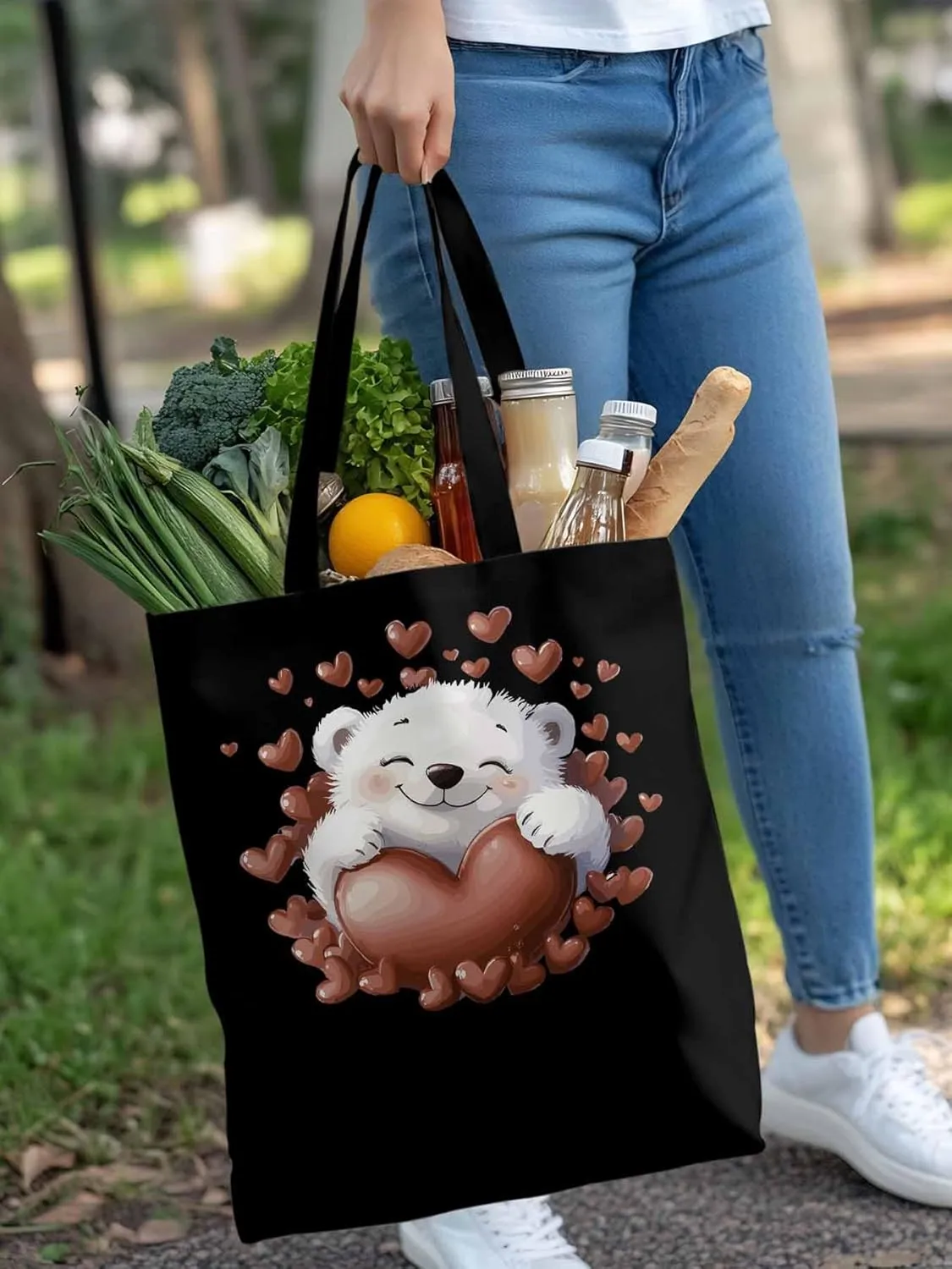 Canvas Tote Bag, Valentine's Day Aesthetic Canvas Tote Handbags for Women Shoulder Bag Love Heart Animals