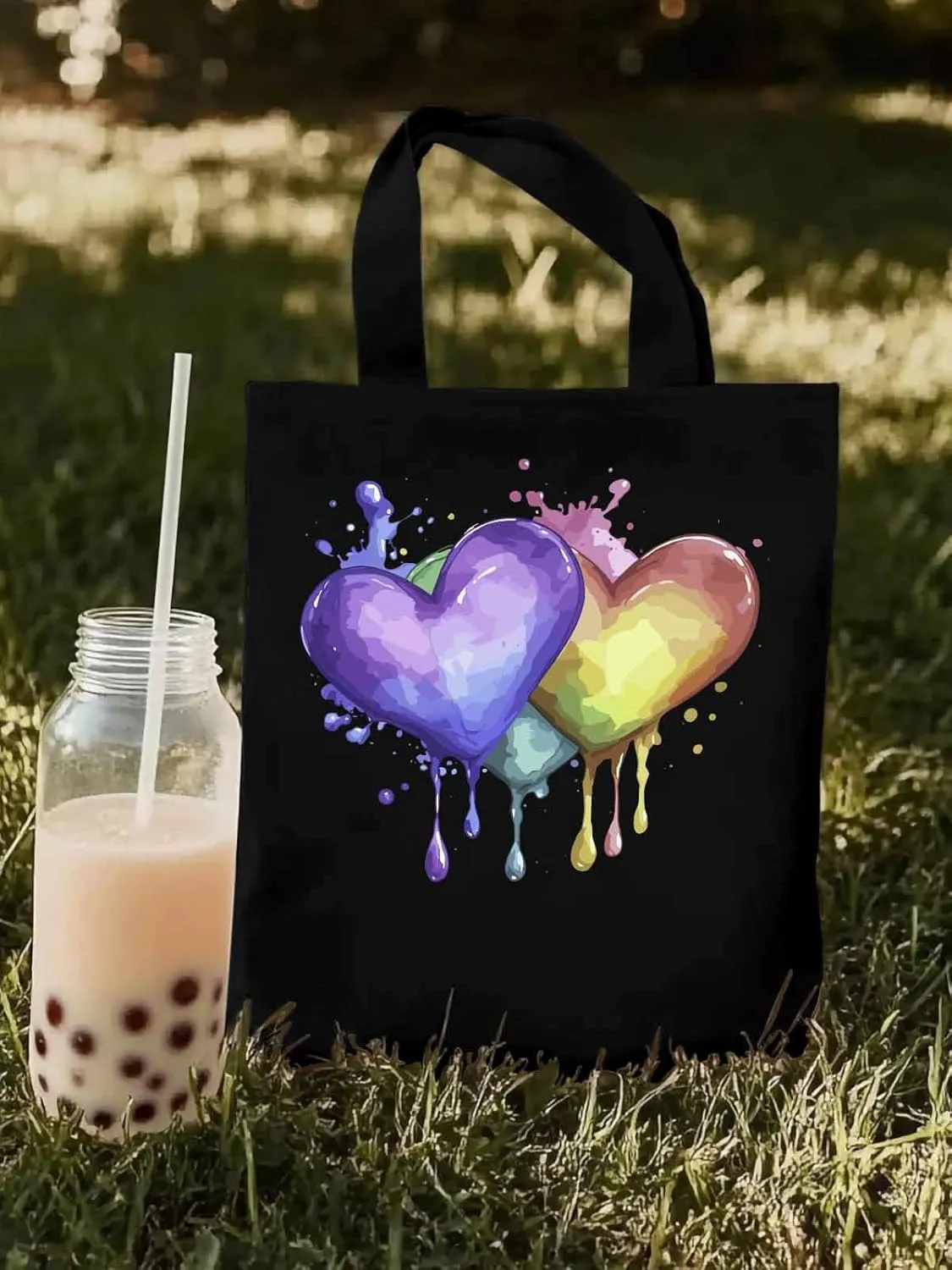 Canvas Tote Bag, Valentine's Day Aesthetic Canvas Tote Handbags for Women Shoulder Bag Love Heart Graffiti
