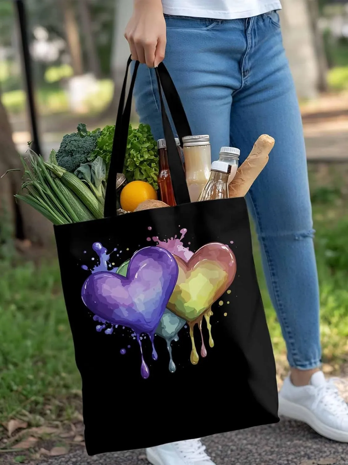 Canvas Tote Bag, Valentine's Day Aesthetic Canvas Tote Handbags for Women Shoulder Bag Love Heart Graffiti