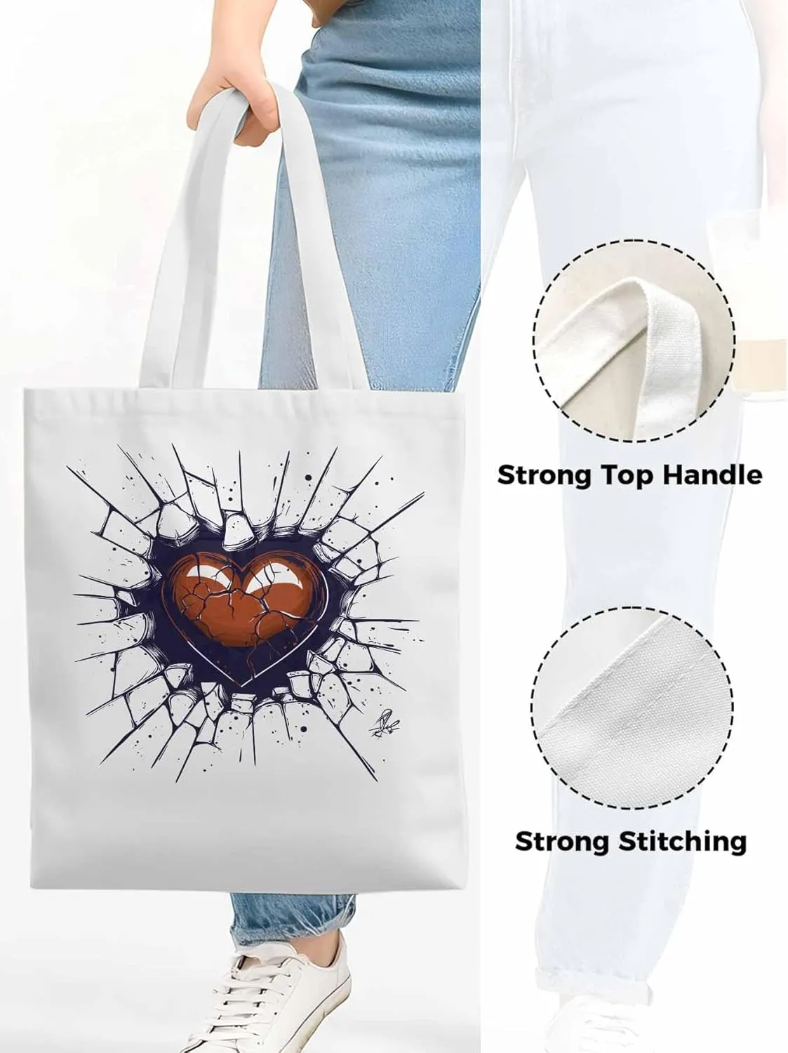 Canvas Tote Bag, Valentine's Day Crack Love Heart Aesthetic Canvas Tote Handbags for Women Shoulder Bag