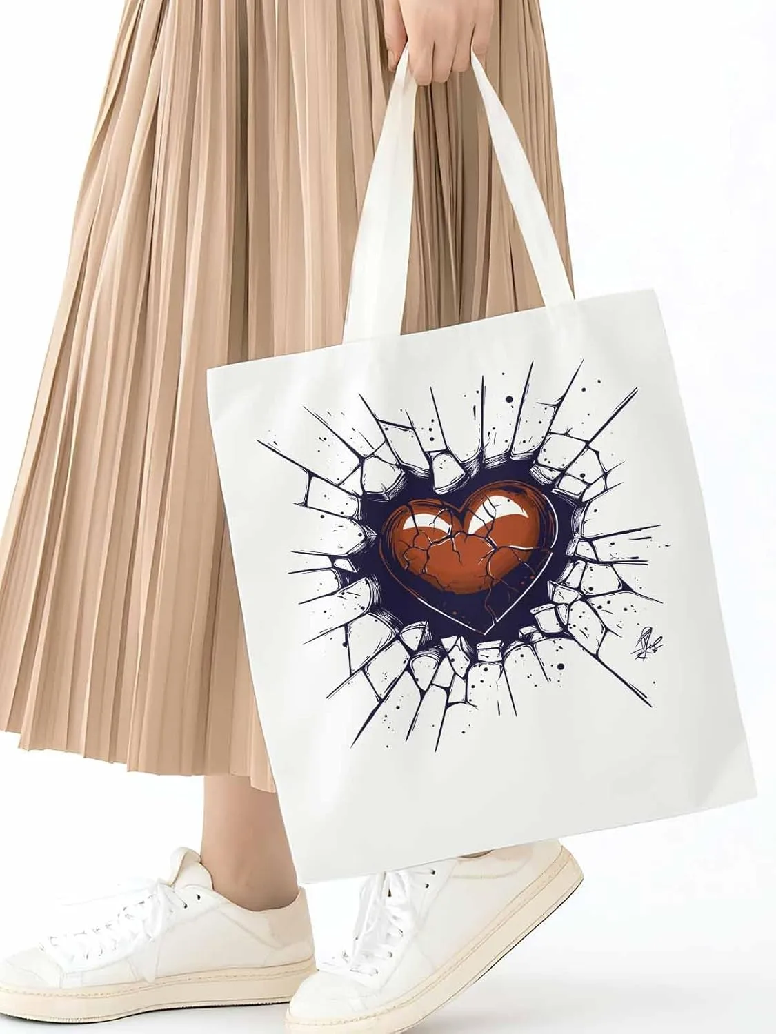 Canvas Tote Bag, Valentine's Day Crack Love Heart Aesthetic Canvas Tote Handbags for Women Shoulder Bag