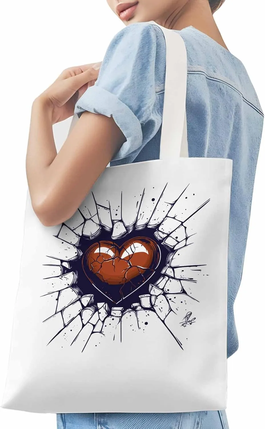 Canvas Tote Bag, Valentine's Day Crack Love Heart Aesthetic Canvas Tote Handbags for Women Shoulder Bag