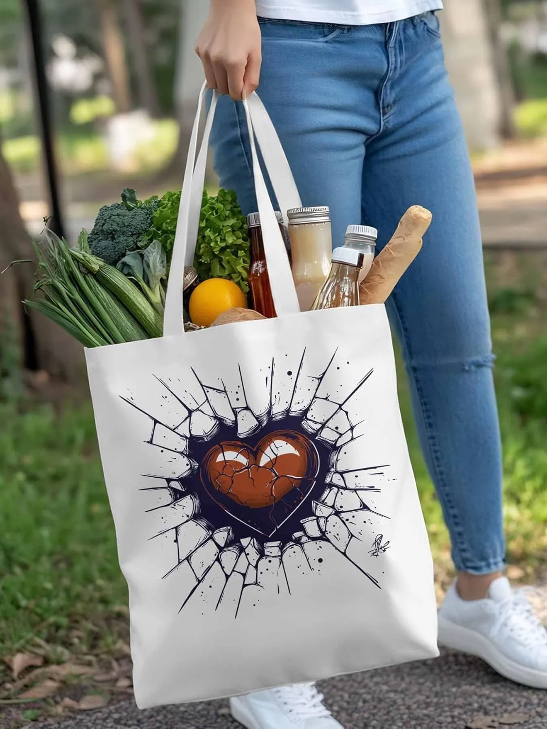 Canvas Tote Bag, Valentine's Day Crack Love Heart Aesthetic Canvas Tote Handbags for Women Shoulder Bag