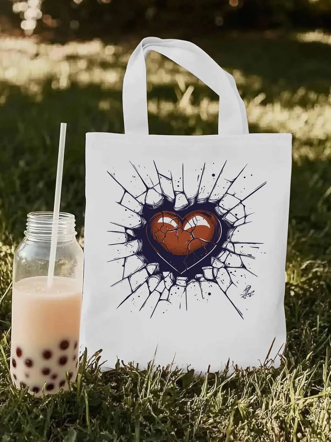 Canvas Tote Bag, Valentine's Day Crack Love Heart Aesthetic Canvas Tote Handbags for Women Shoulder Bag