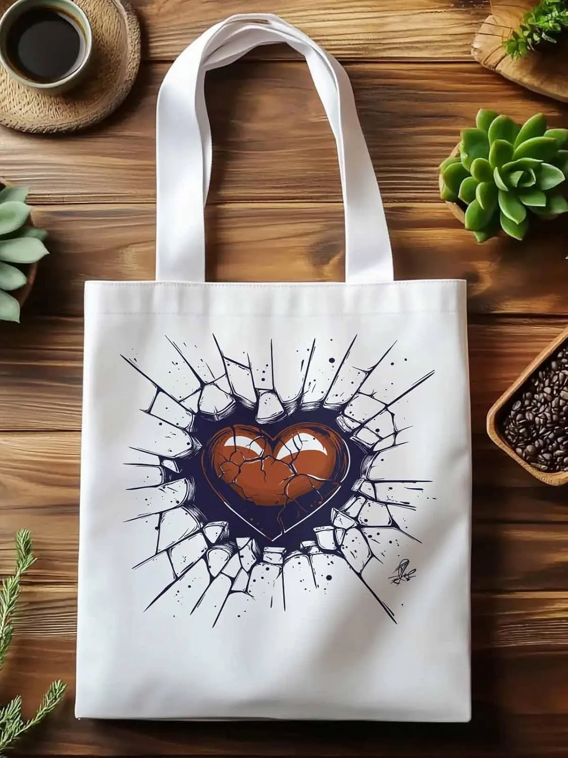 Canvas Tote Bag, Valentine's Day Crack Love Heart Aesthetic Canvas Tote Handbags for Women Shoulder Bag