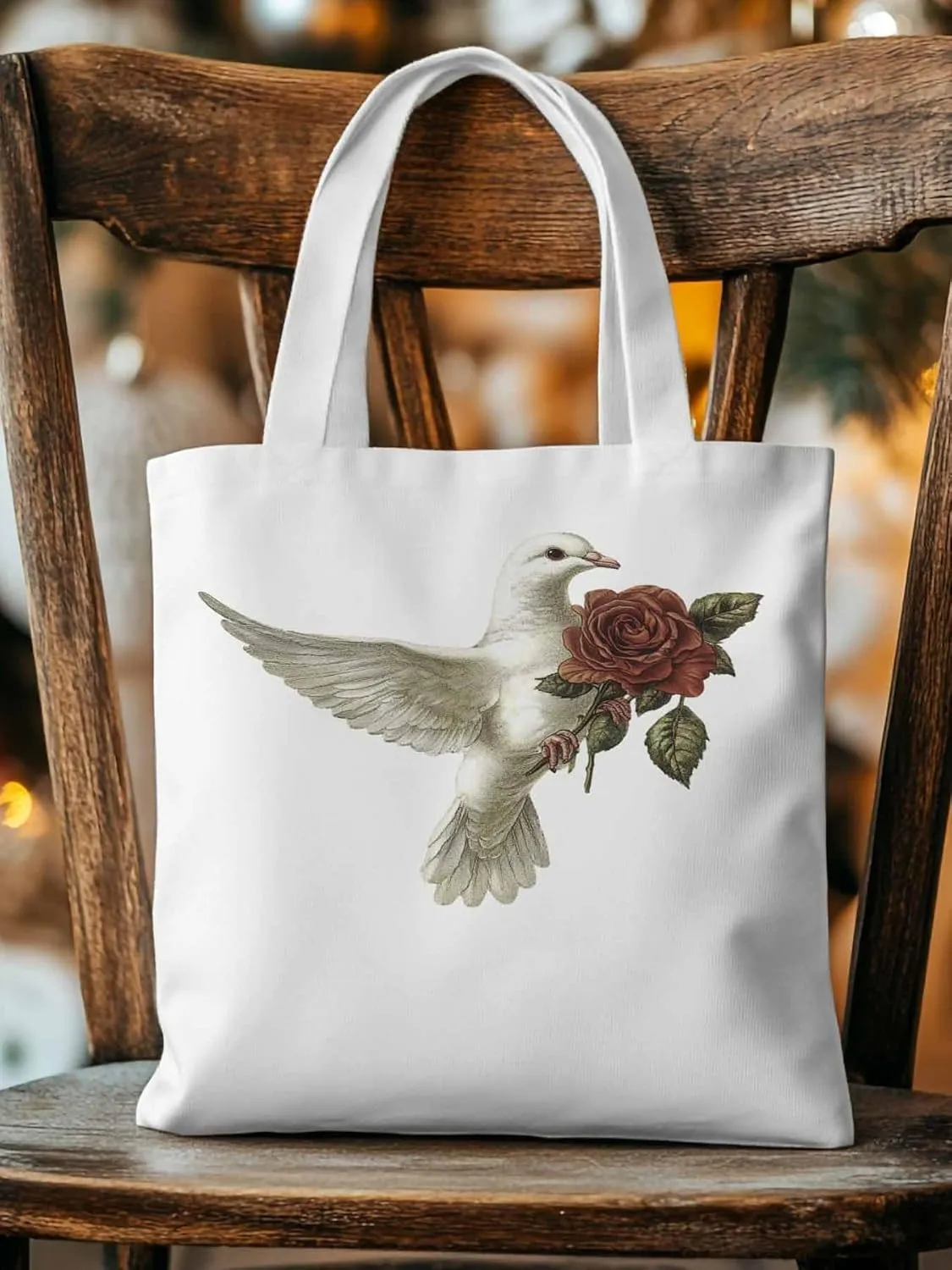 Canvas Tote Bag, Valentine's Day Pigeons Roses Aesthetic Canvas Tote Handbags for Women Shoulder Bag