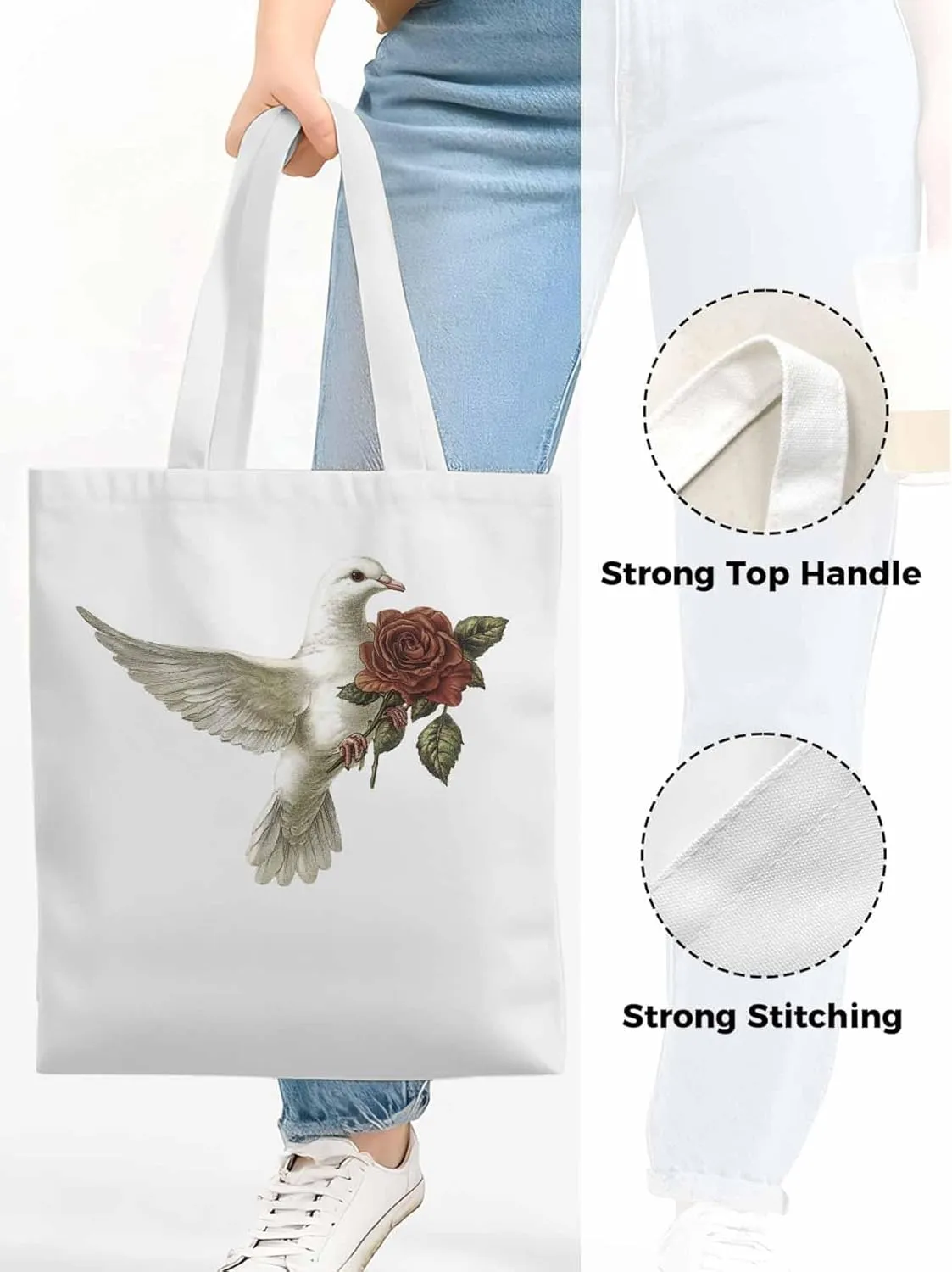 Canvas Tote Bag, Valentine's Day Pigeons Roses Aesthetic Canvas Tote Handbags for Women Shoulder Bag