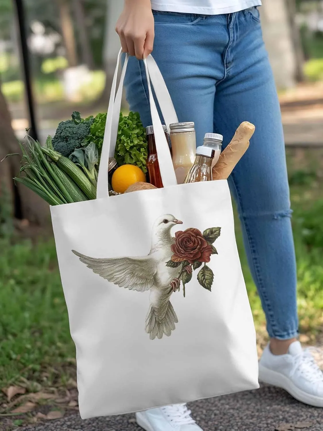 Canvas Tote Bag, Valentine's Day Pigeons Roses Aesthetic Canvas Tote Handbags for Women Shoulder Bag