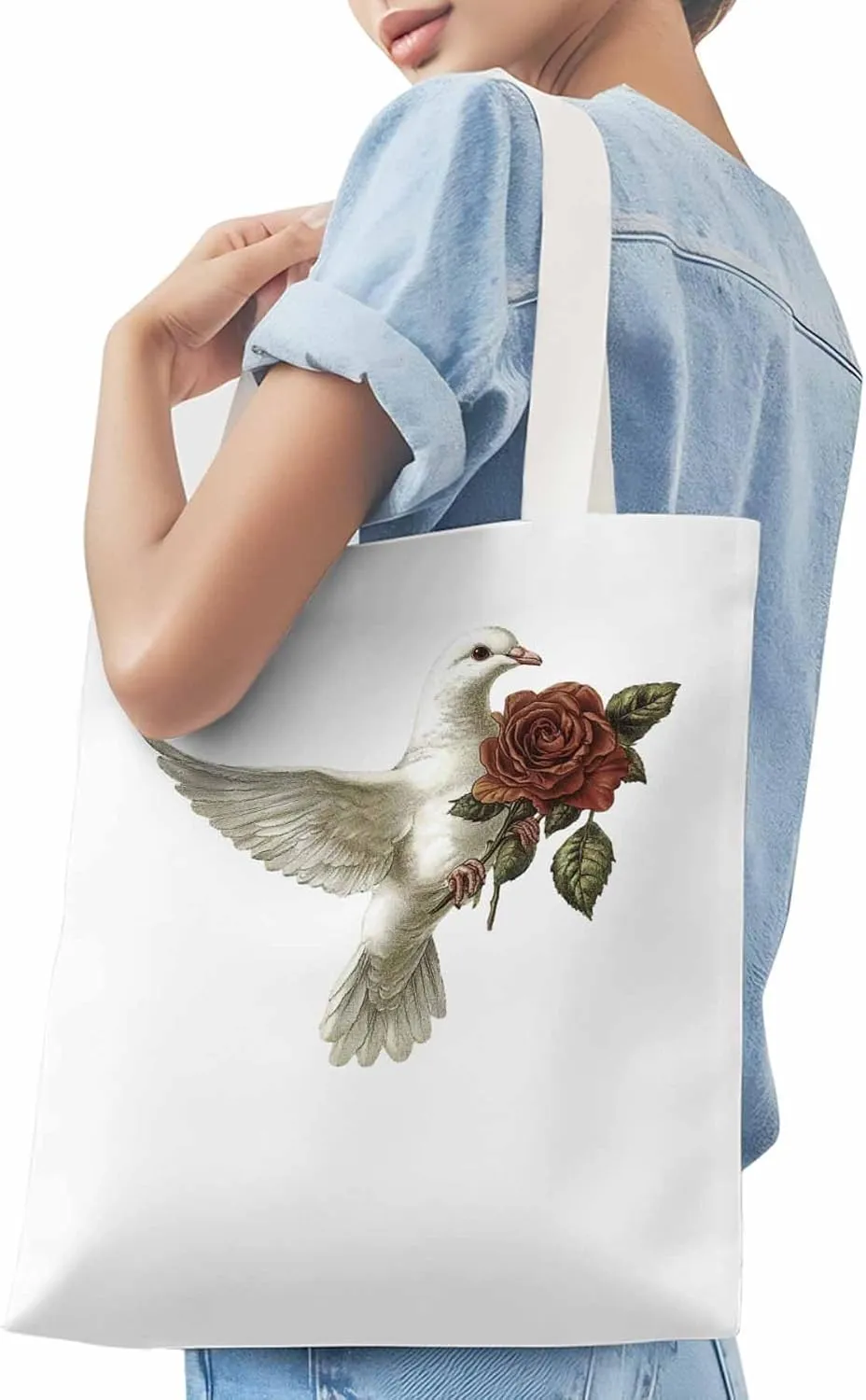 Canvas Tote Bag, Valentine's Day Pigeons Roses Aesthetic Canvas Tote Handbags for Women Shoulder Bag