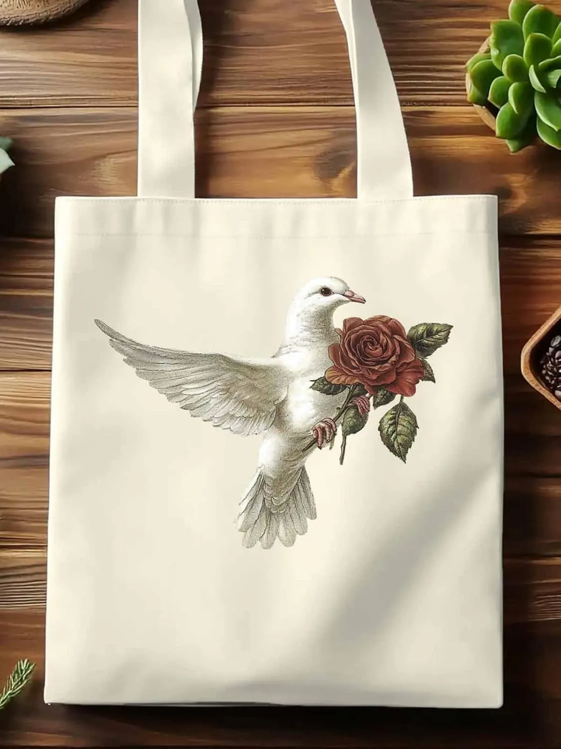 Canvas Tote Bag, Valentine's Day Pigeons Roses Aesthetic Canvas Tote Handbags for Women Shoulder Bag