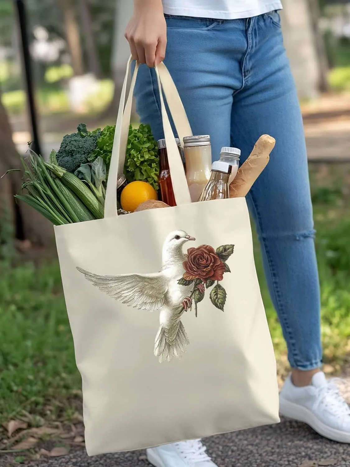 Canvas Tote Bag, Valentine's Day Pigeons Roses Aesthetic Canvas Tote Handbags for Women Shoulder Bag