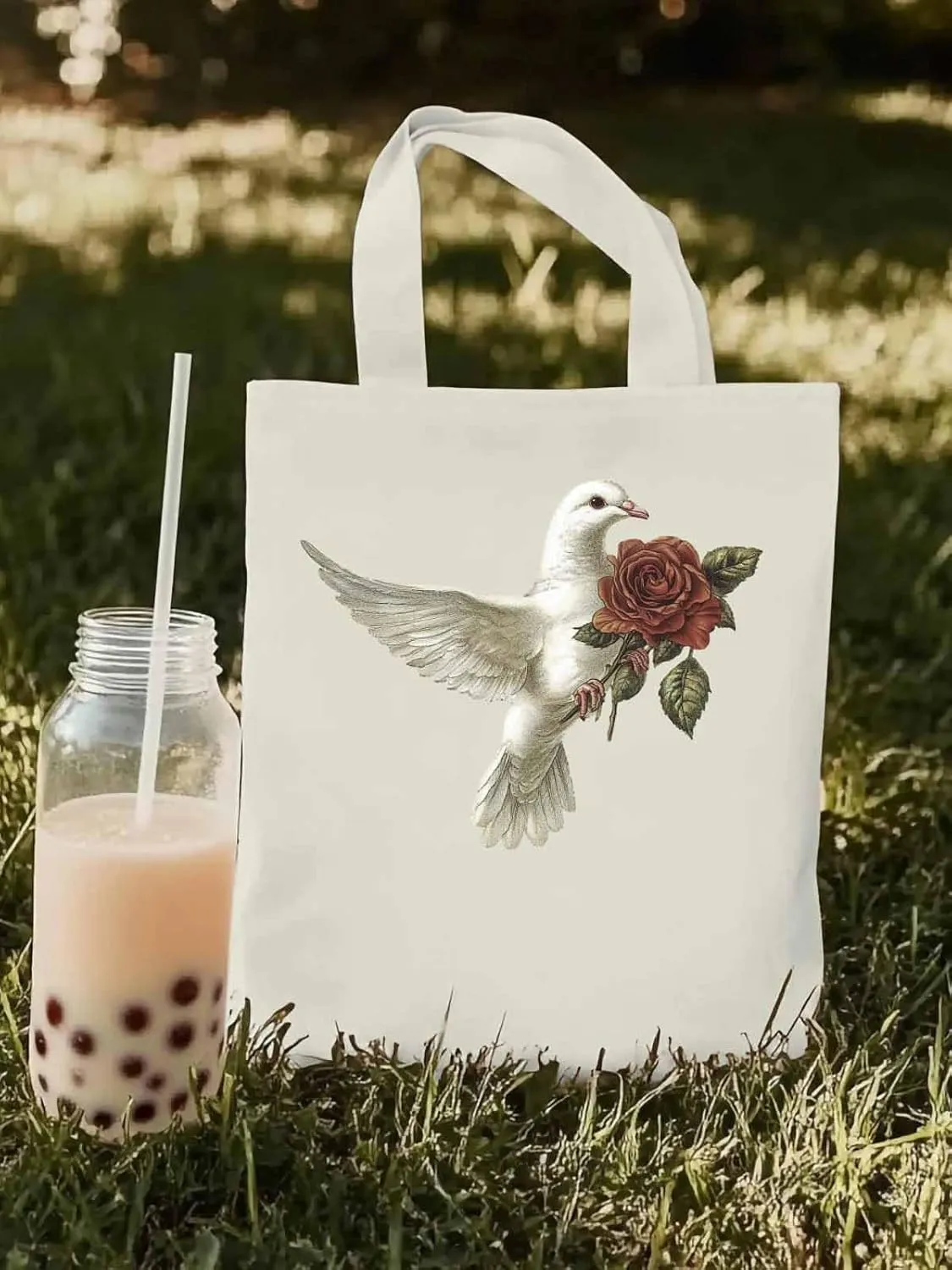 Canvas Tote Bag, Valentine's Day Pigeons Roses Aesthetic Canvas Tote Handbags for Women Shoulder Bag