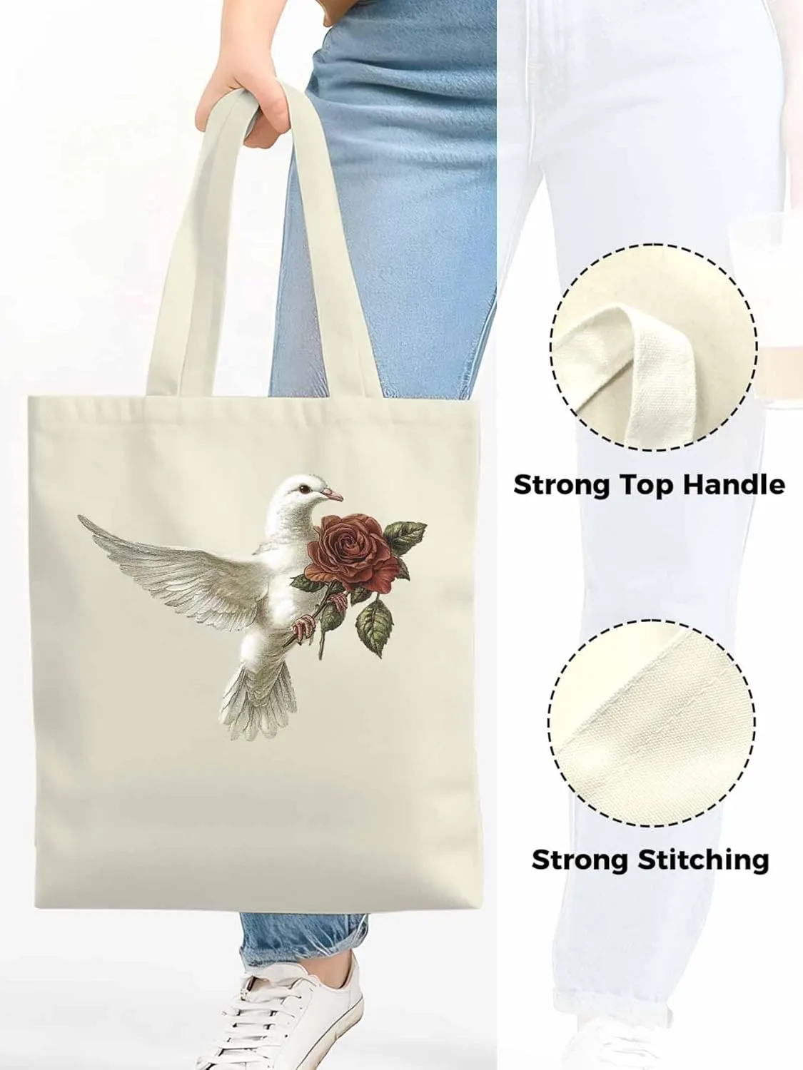 Canvas Tote Bag, Valentine's Day Pigeons Roses Aesthetic Canvas Tote Handbags for Women Shoulder Bag