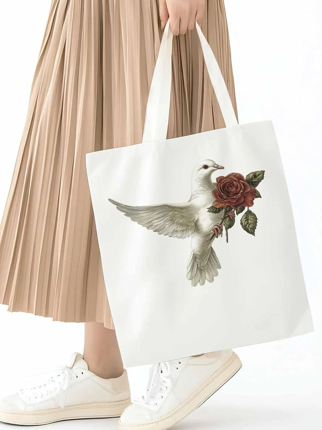 Canvas Tote Bag, Valentine's Day Pigeons Roses Aesthetic Canvas Tote Handbags for Women Shoulder Bag