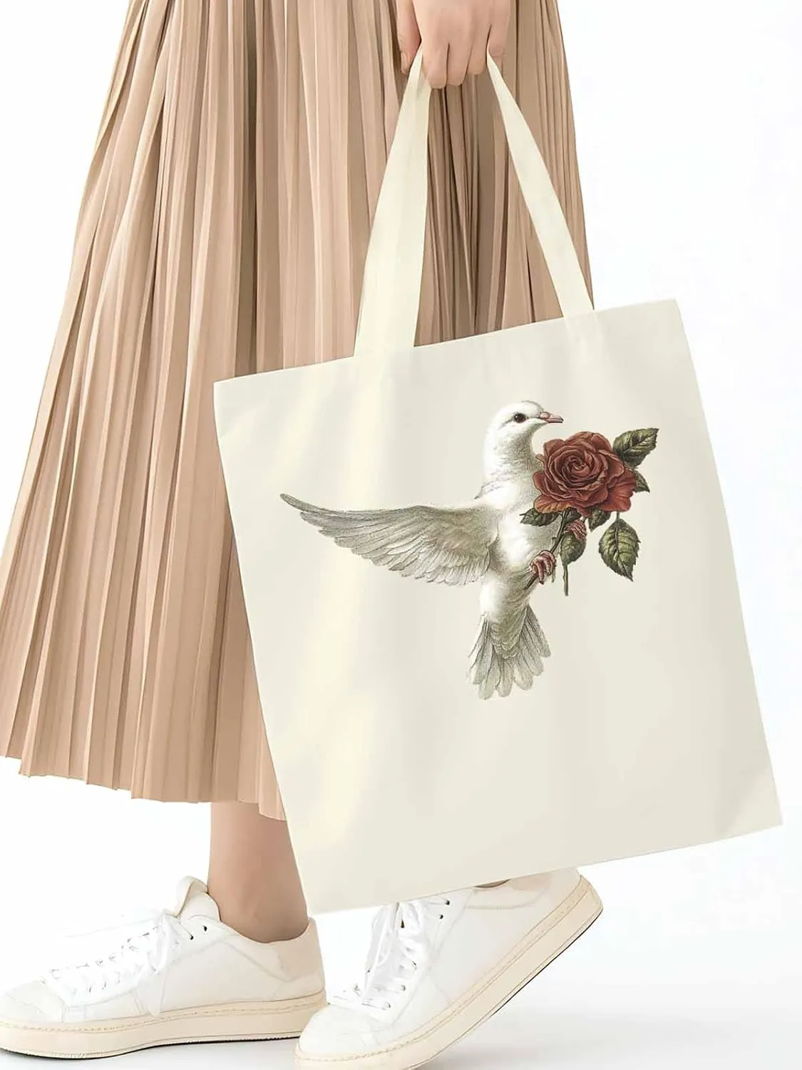 Canvas Tote Bag, Valentine's Day Pigeons Roses Aesthetic Canvas Tote Handbags for Women Shoulder Bag