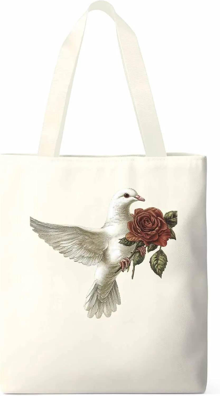Canvas Tote Bag, Valentine's Day Pigeons Roses Aesthetic Canvas Tote Handbags for Women Shoulder Bag