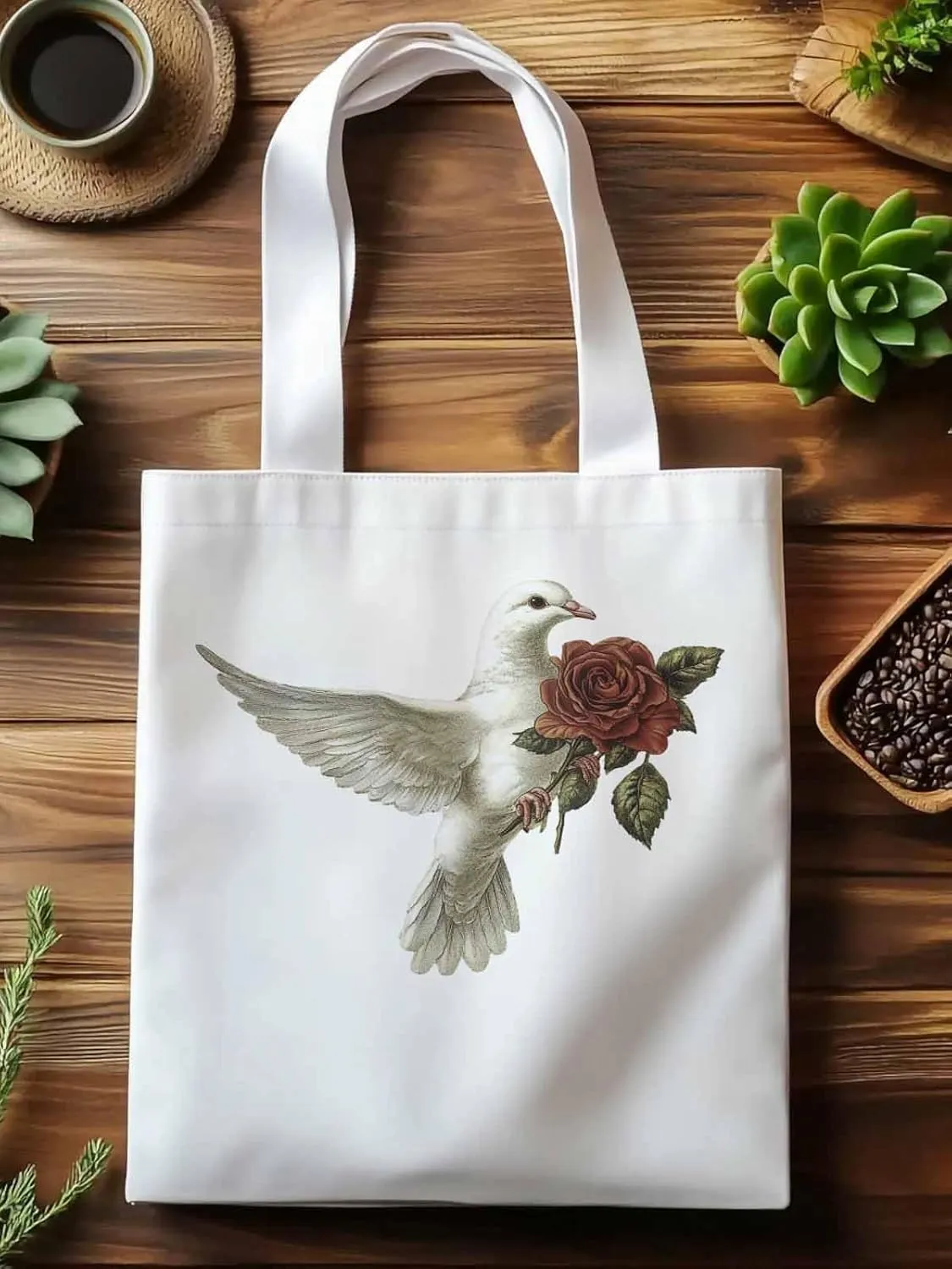 Canvas Tote Bag, Valentine's Day Pigeons Roses Aesthetic Canvas Tote Handbags for Women Shoulder Bag
