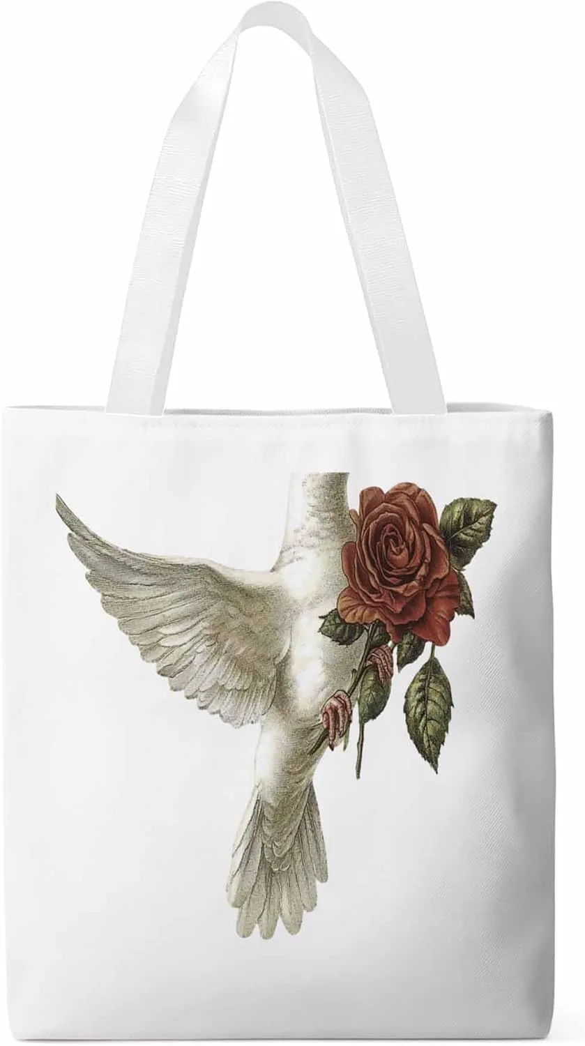 Canvas Tote Bag, Valentine's Day Pigeons Roses Aesthetic Canvas Tote Handbags for Women Shoulder Bag