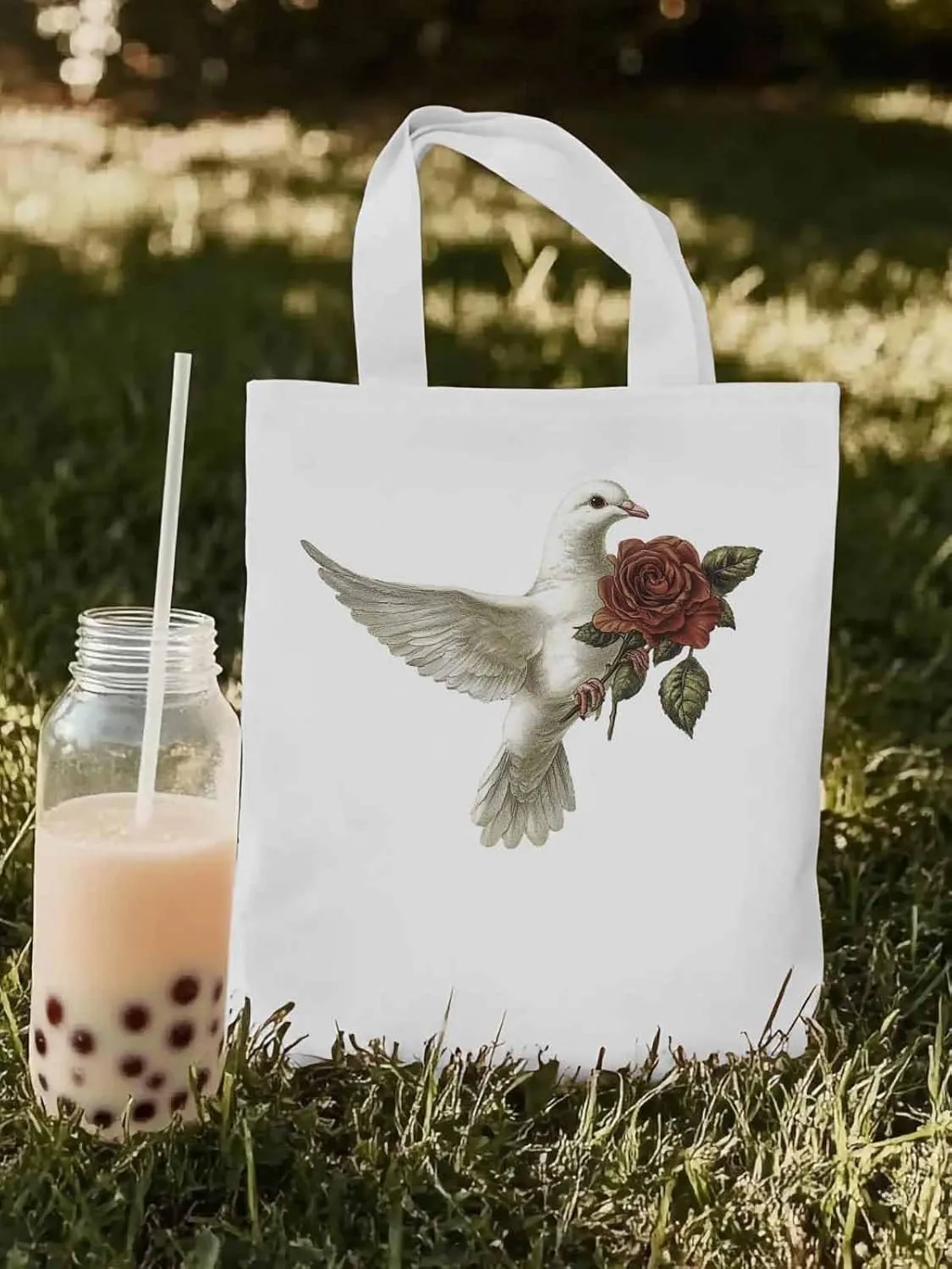 Canvas Tote Bag, Valentine's Day Pigeons Roses Aesthetic Canvas Tote Handbags for Women Shoulder Bag