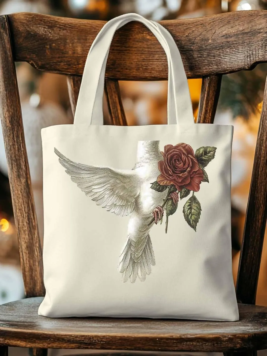 Canvas Tote Bag, Valentine's Day Pigeons Roses Aesthetic Canvas Tote Handbags for Women Shoulder Bag