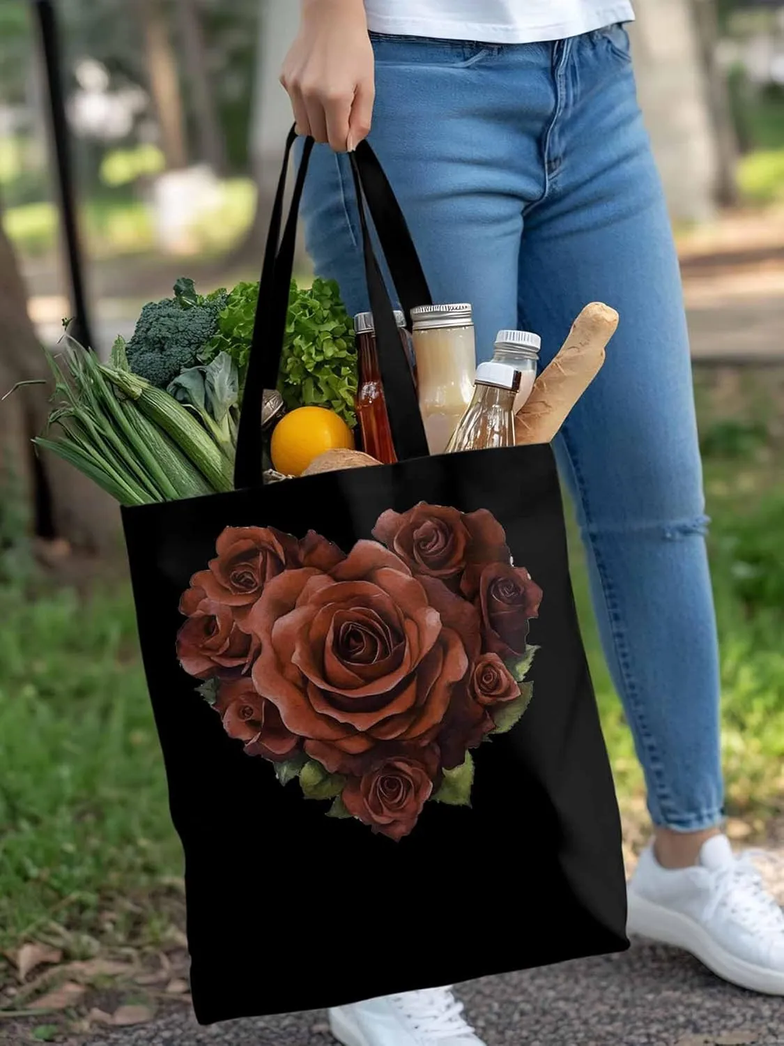 Canvas Tote Bag, Valentine's Day Roses Romance Aesthetic Canvas Tote Handbags for Women Shoulder Bag