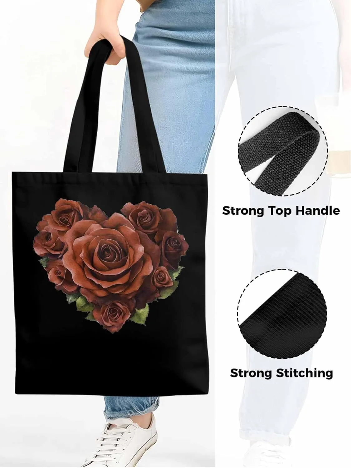 Canvas Tote Bag, Valentine's Day Roses Romance Aesthetic Canvas Tote Handbags for Women Shoulder Bag