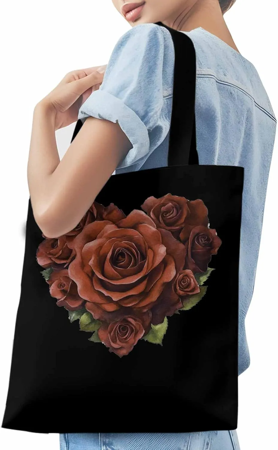 Canvas Tote Bag, Valentine's Day Roses Romance Aesthetic Canvas Tote Handbags for Women Shoulder Bag