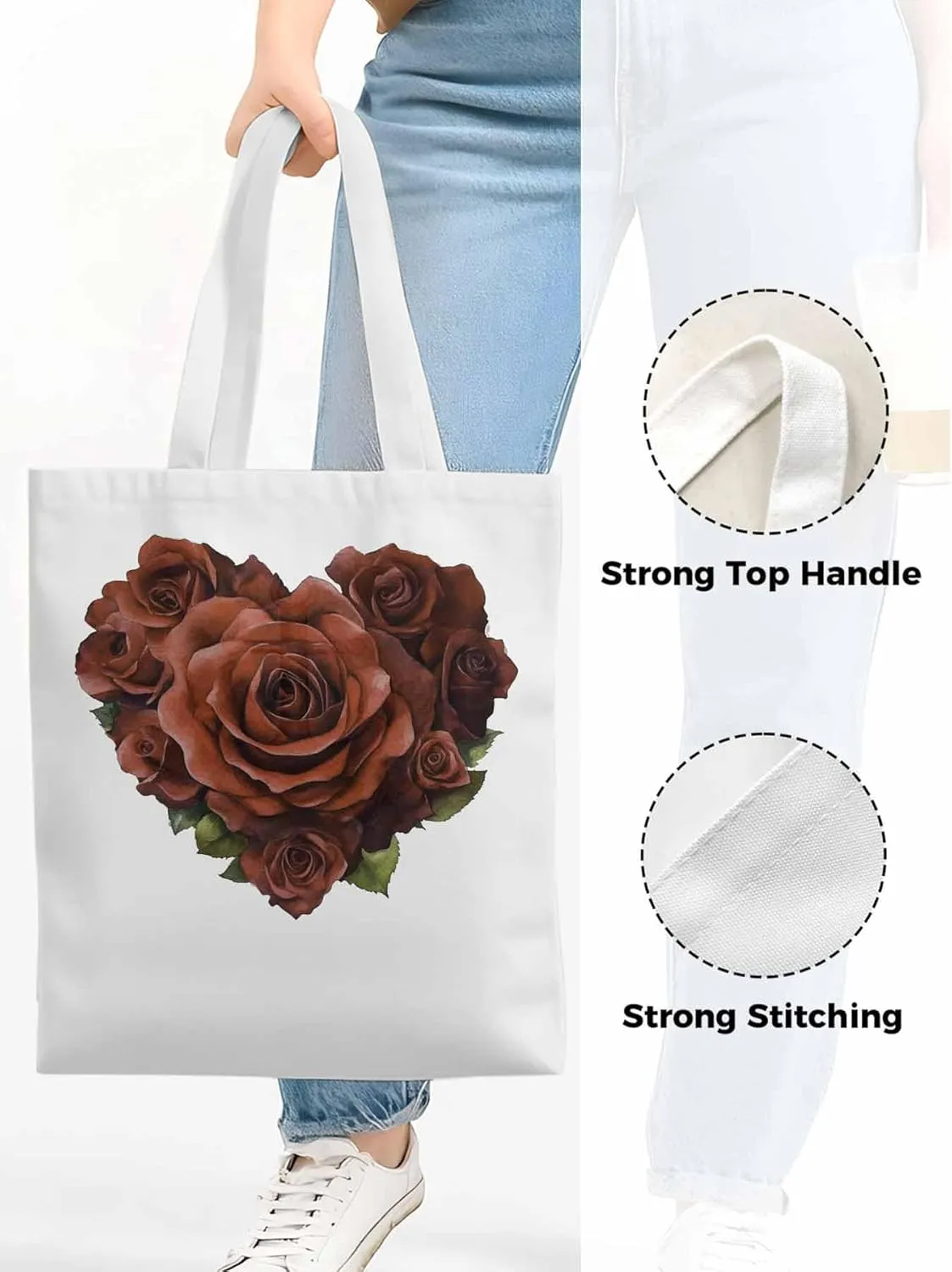 Canvas Tote Bag, Valentine's Day Roses Romance Aesthetic Canvas Tote Handbags for Women Shoulder Bag