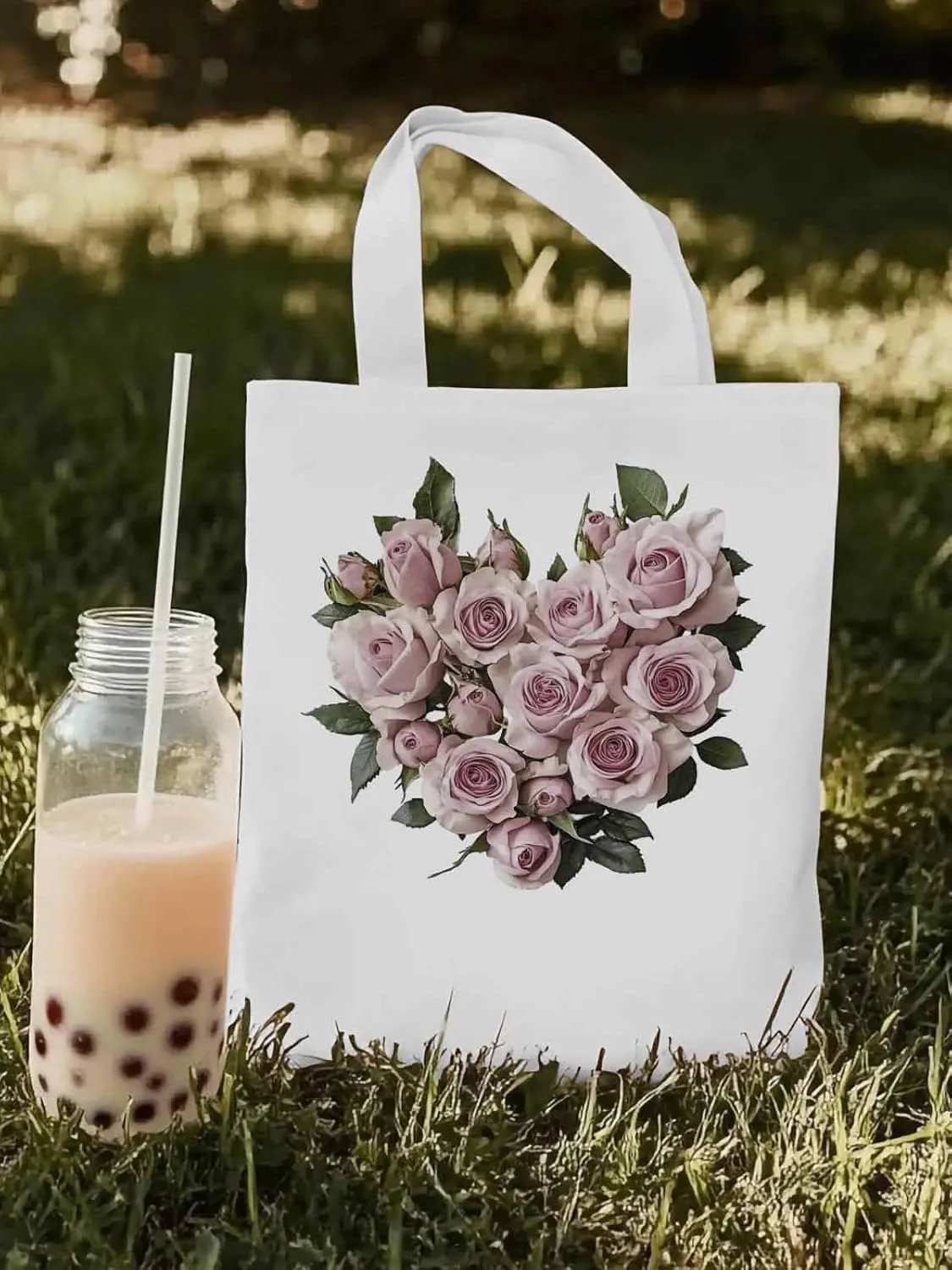 Canvas Tote Bag, Valentine's Day Roses Romantic Aesthetic Canvas Tote Handbags for Women Shoulder Bag