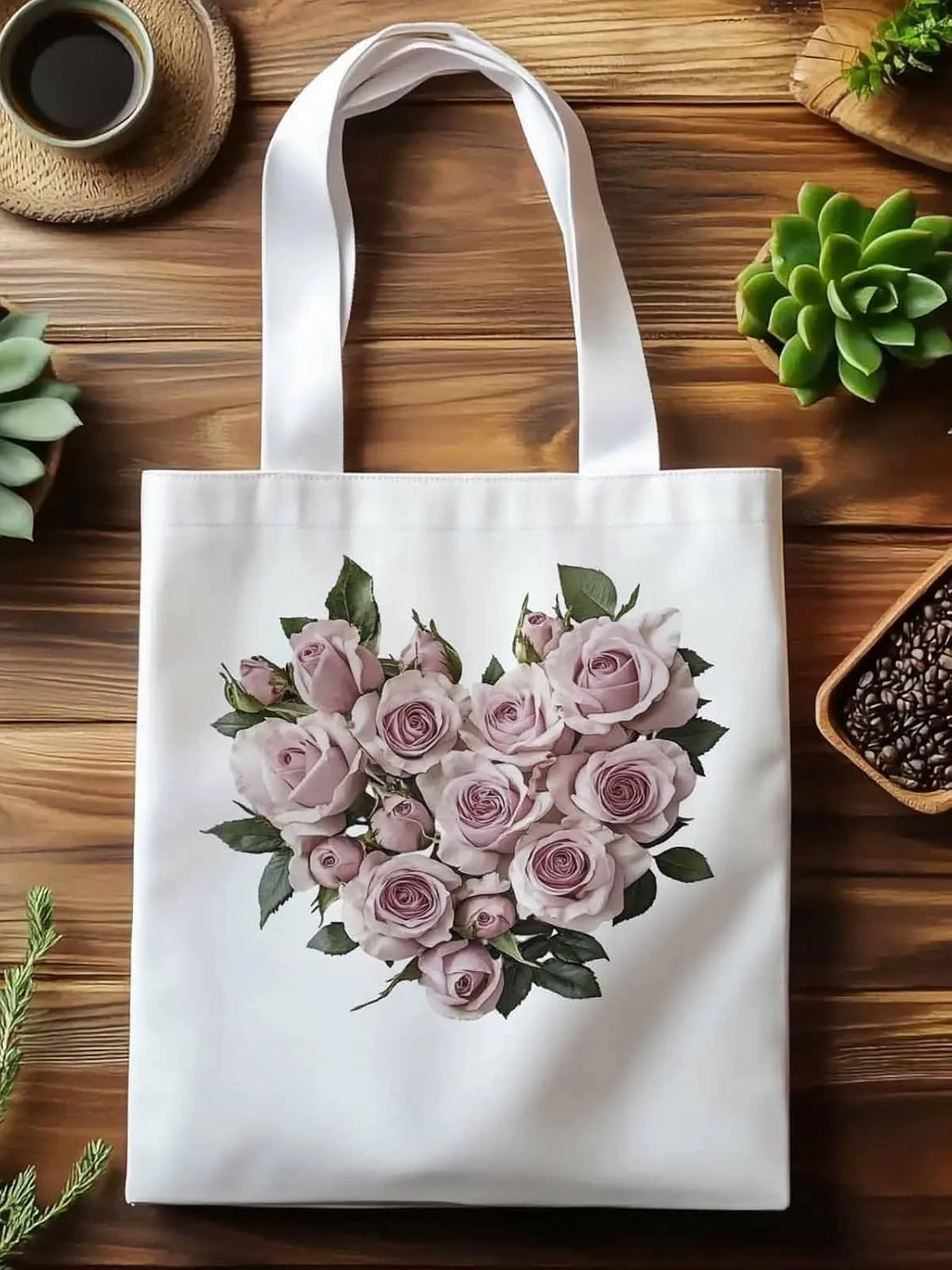 Canvas Tote Bag, Valentine's Day Roses Romantic Aesthetic Canvas Tote Handbags for Women Shoulder Bag