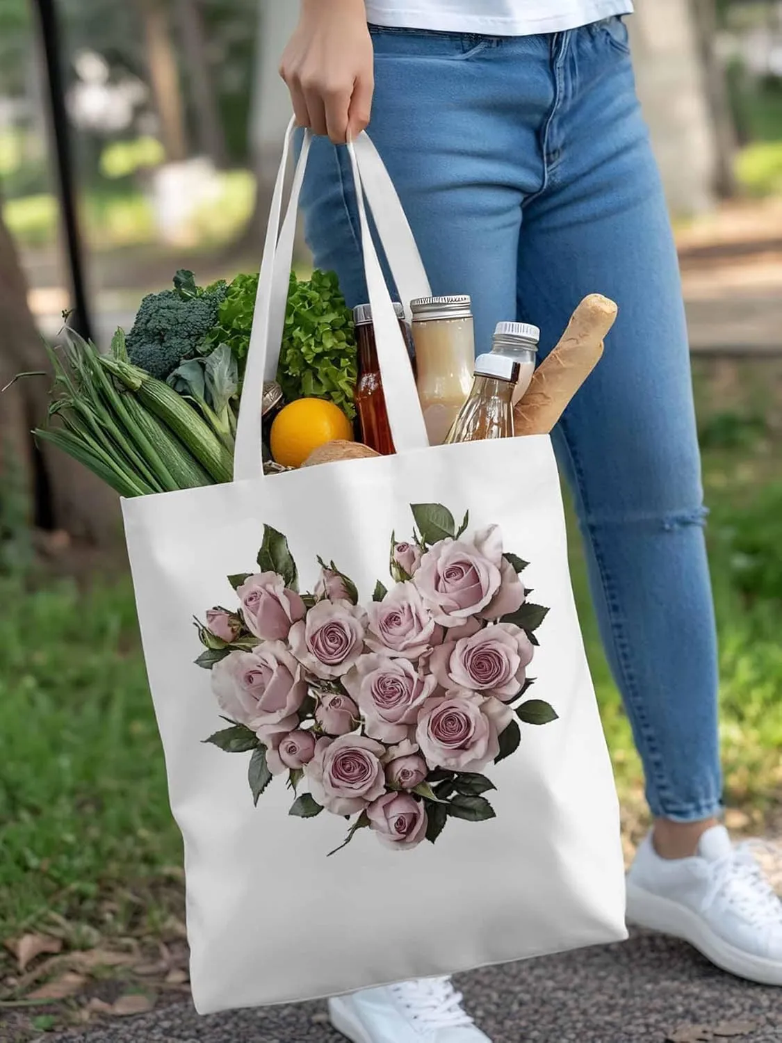 Canvas Tote Bag, Valentine's Day Roses Romantic Aesthetic Canvas Tote Handbags for Women Shoulder Bag