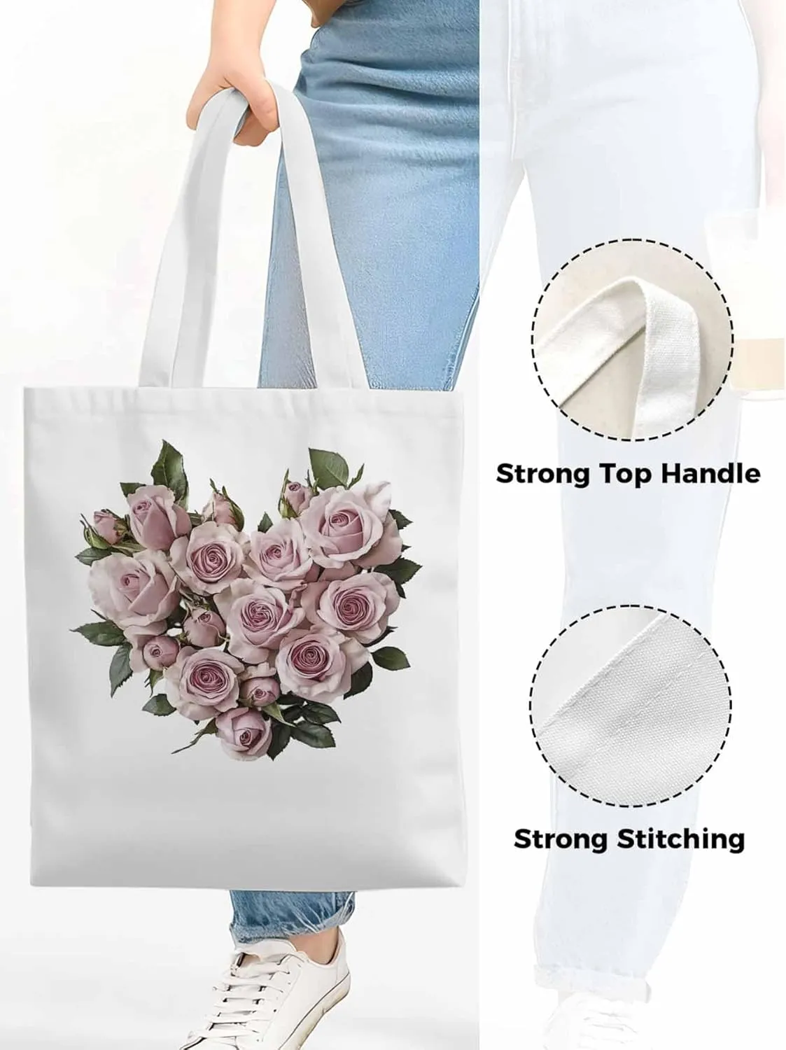 Canvas Tote Bag, Valentine's Day Roses Romantic Aesthetic Canvas Tote Handbags for Women Shoulder Bag