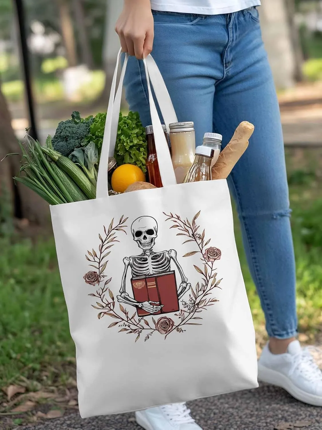 Canvas Tote Bag, Valentine's Day Skull Rose Floral Plant patterned Canvas Tote Handbags for Women Shoulder Bag,