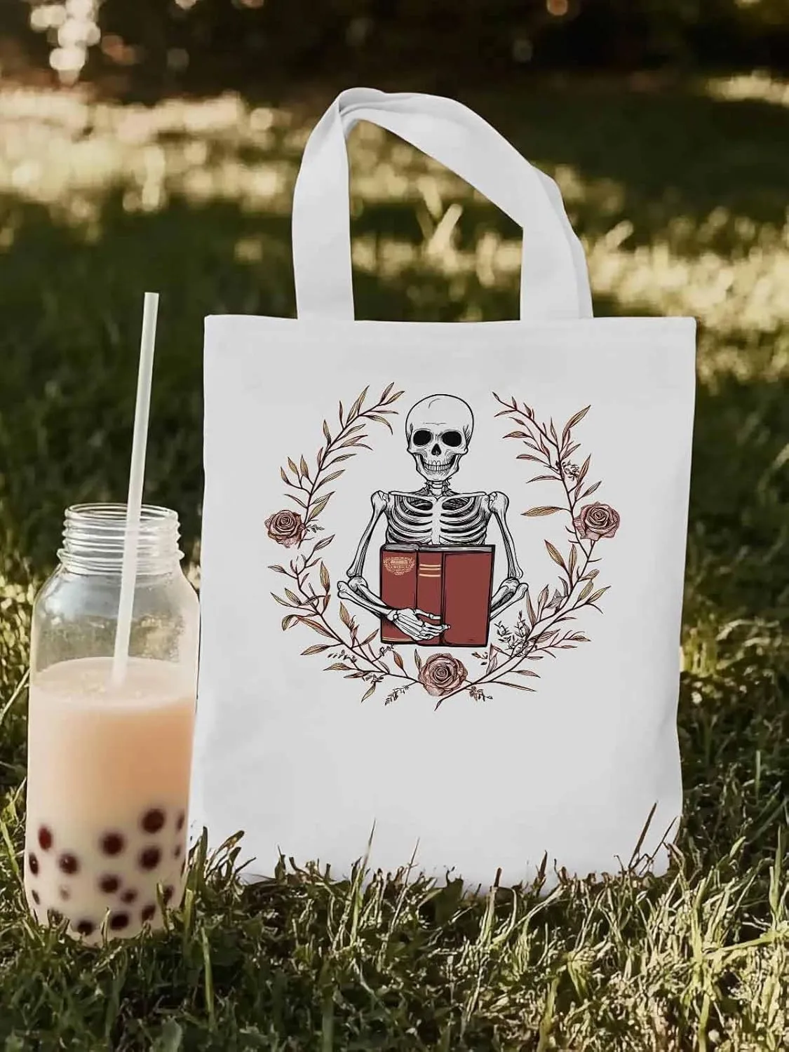 Canvas Tote Bag, Valentine's Day Skull Rose Floral Plant patterned Canvas Tote Handbags for Women Shoulder Bag,