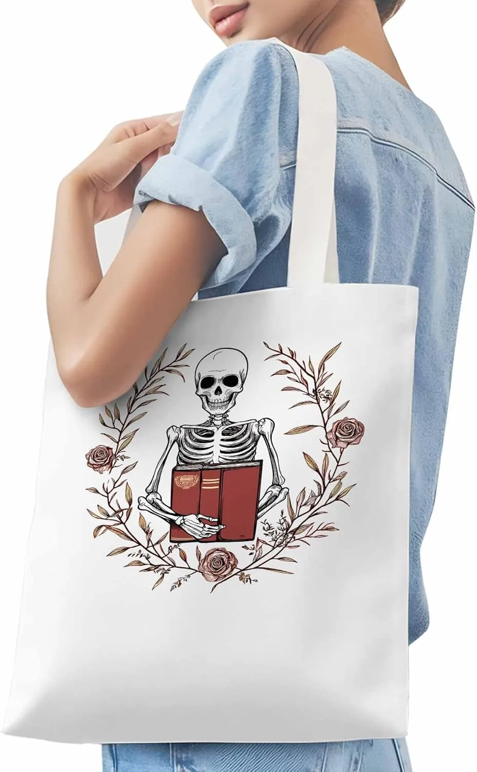 Canvas Tote Bag, Valentine's Day Skull Rose Floral Plant patterned Canvas Tote Handbags for Women Shoulder Bag,