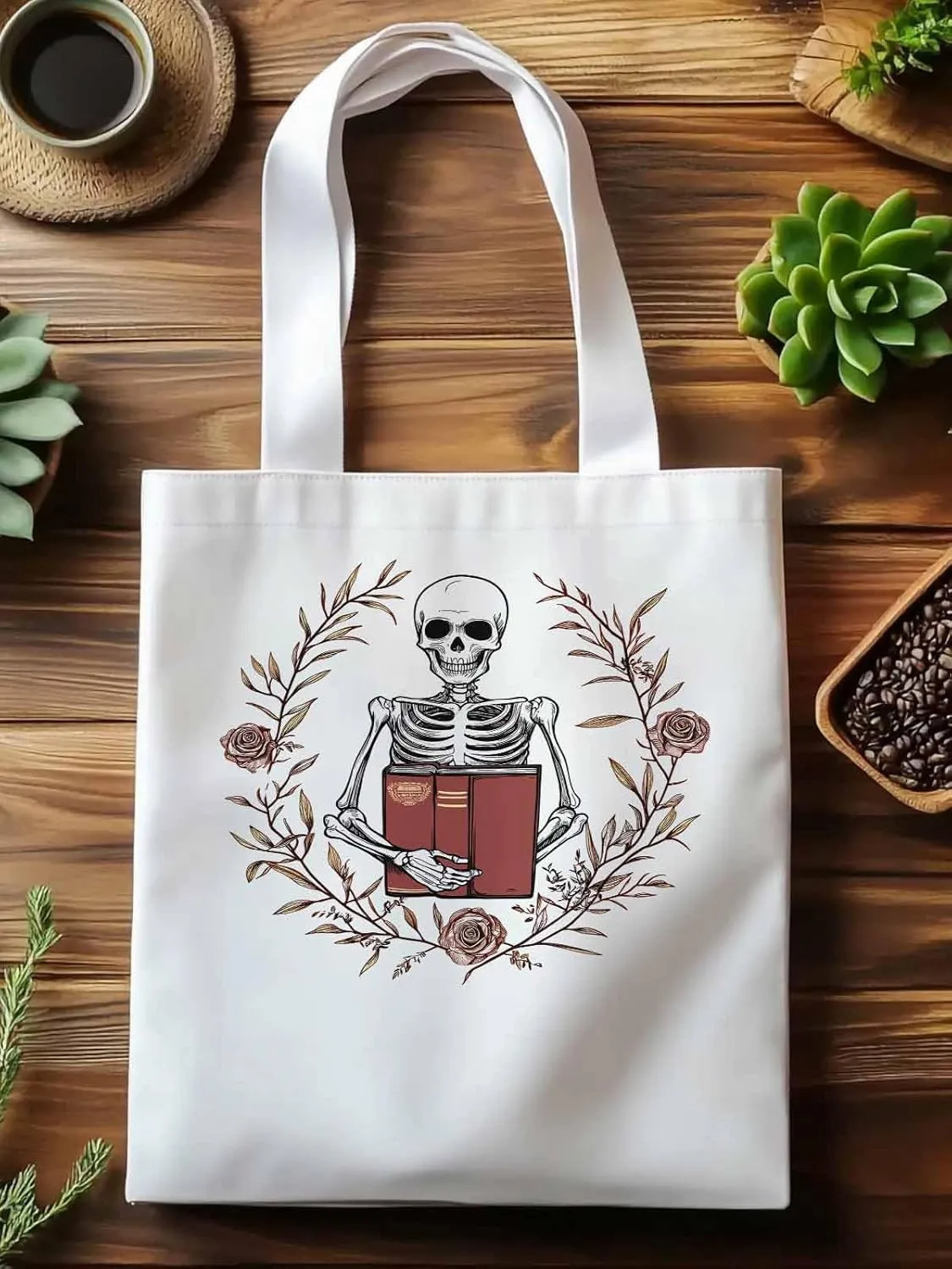 Canvas Tote Bag, Valentine's Day Skull Rose Floral Plant patterned Canvas Tote Handbags for Women Shoulder Bag,