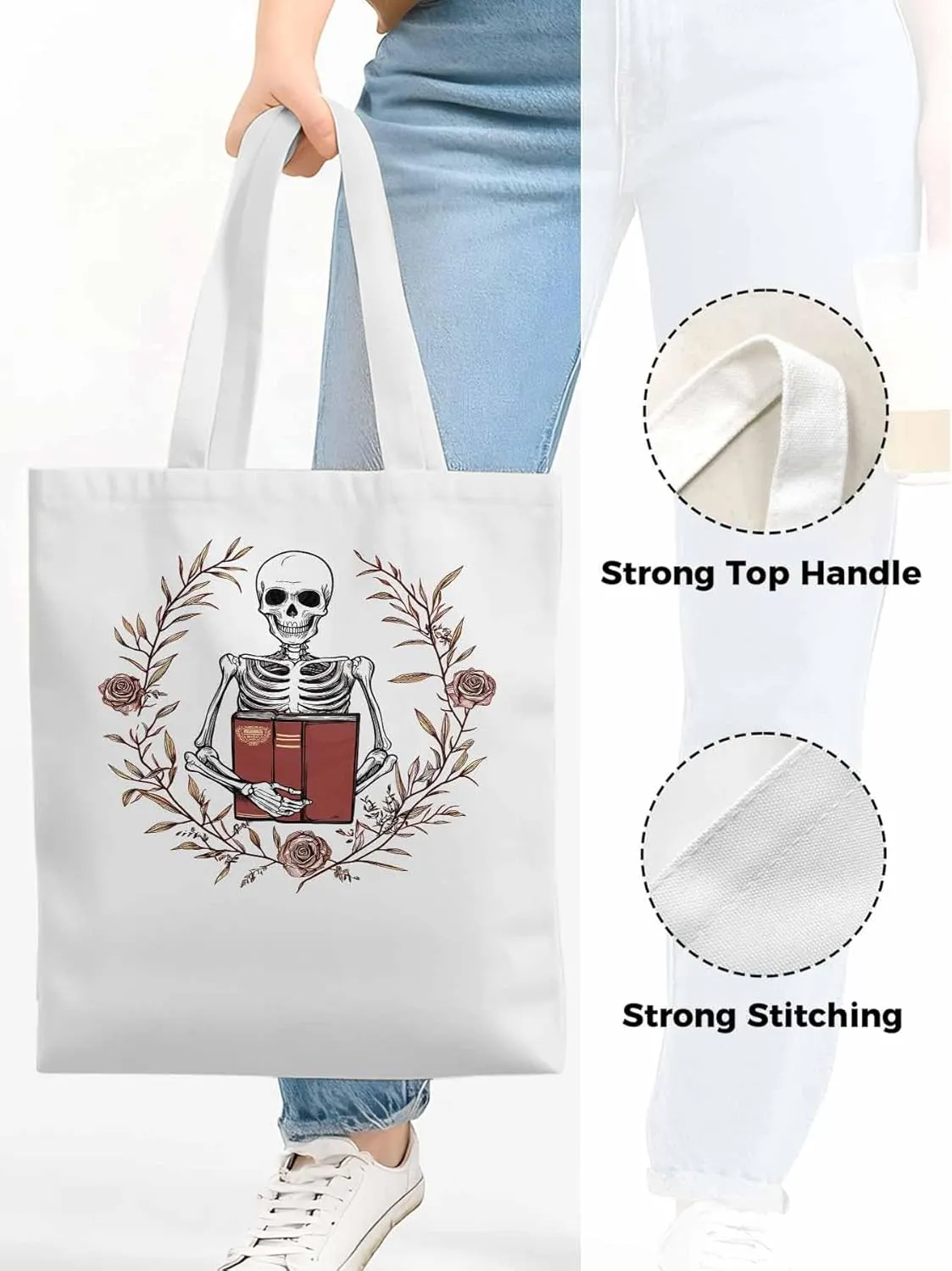 Canvas Tote Bag, Valentine's Day Skull Rose Floral Plant patterned Canvas Tote Handbags for Women Shoulder Bag,