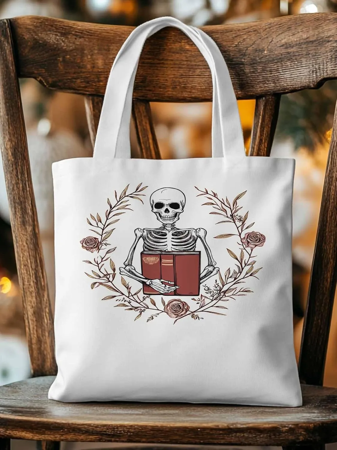 Canvas Tote Bag, Valentine's Day Skull Rose Floral Plant patterned Canvas Tote Handbags for Women Shoulder Bag,