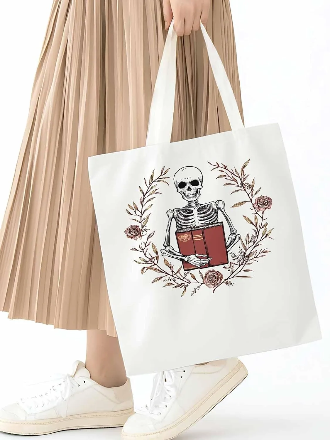 Canvas Tote Bag, Valentine's Day Skull Rose Floral Plant patterned Canvas Tote Handbags for Women Shoulder Bag,