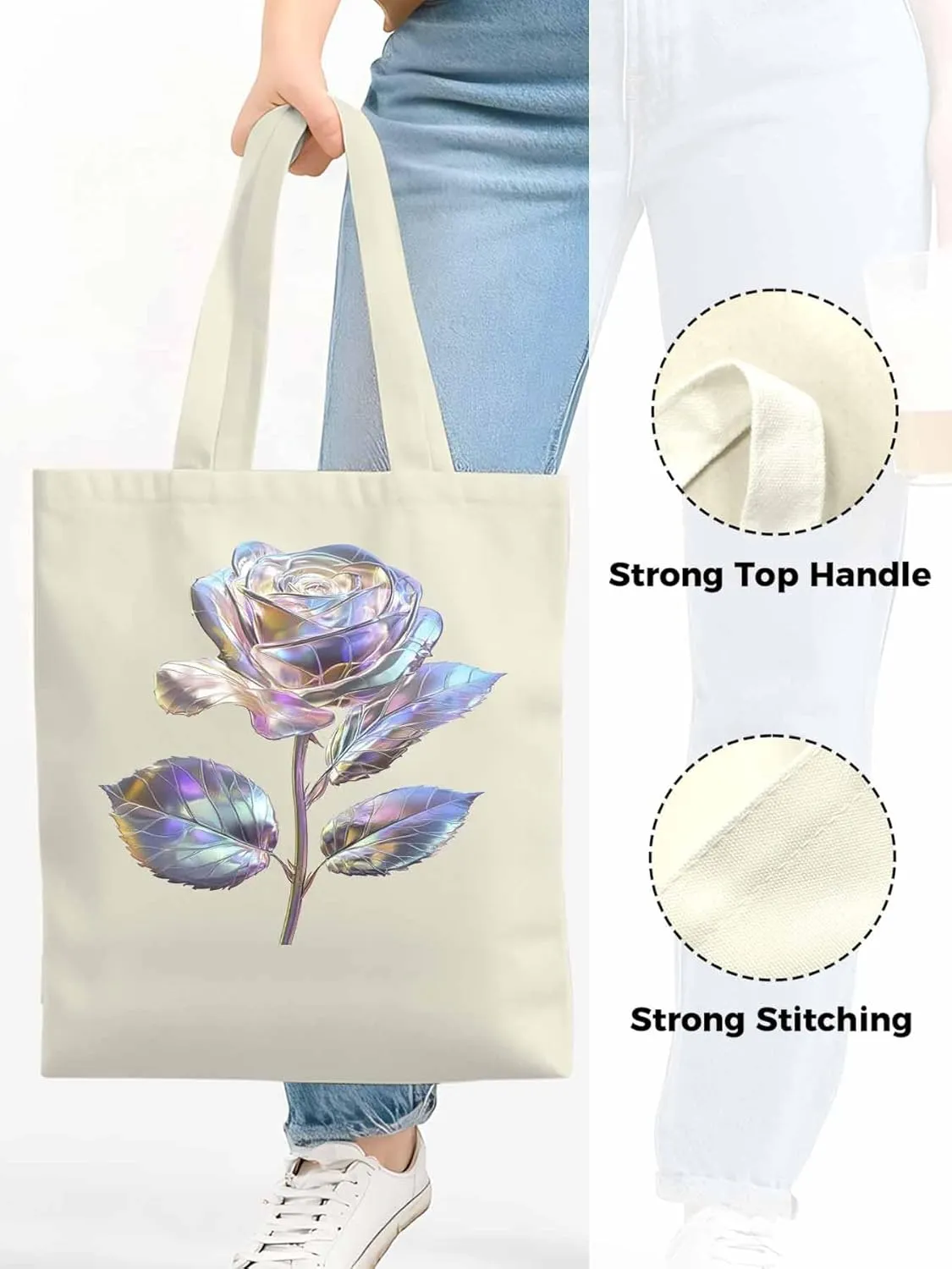 Canvas Tote Bag, Valentine's Day Watercolor Roses Aesthetic Canvas Tote Handbags for Women Shoulder Bag
