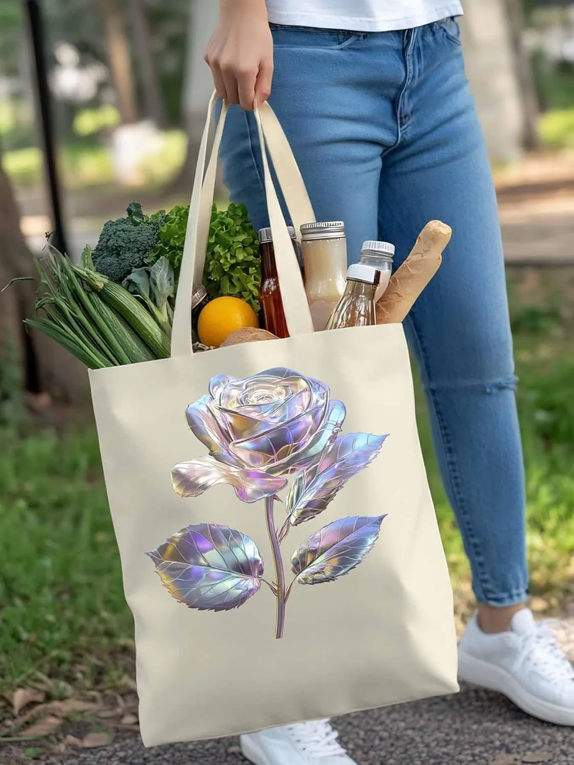Canvas Tote Bag, Valentine's Day Watercolor Roses Aesthetic Canvas Tote Handbags for Women Shoulder Bag