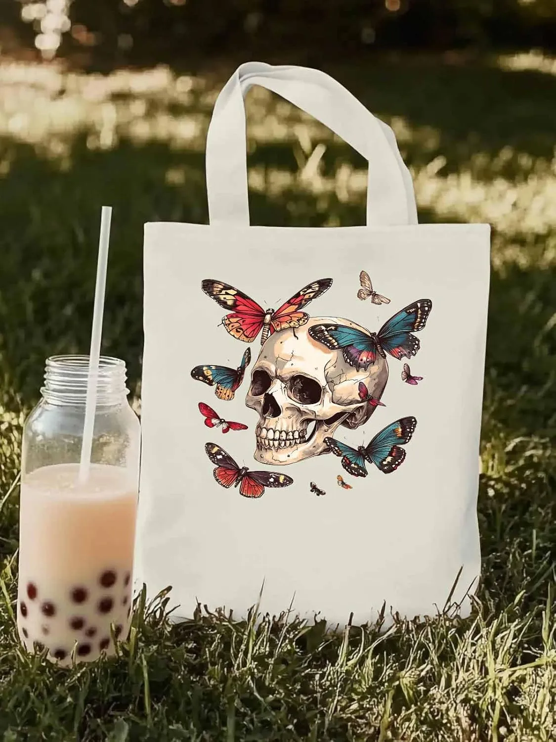 Canvas Tote Bag, Vintage Chic Skull Butterfly patterned Canvas Tote Handbags for Women Shoulder Bag,