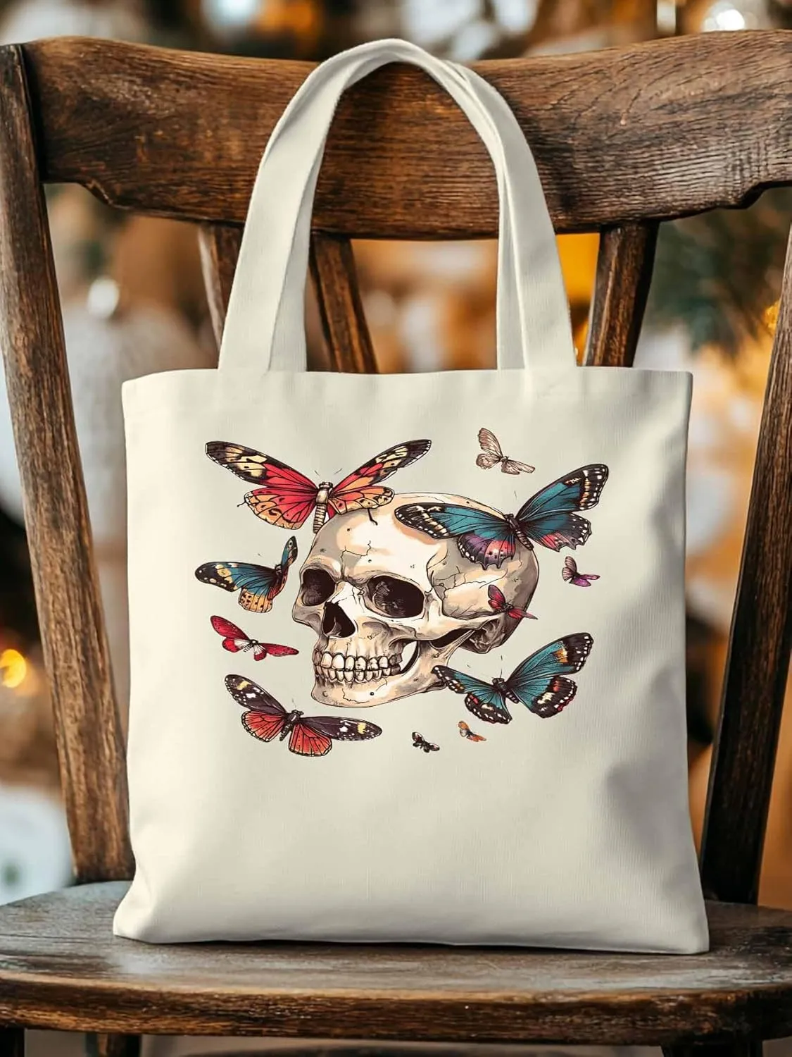 Canvas Tote Bag, Vintage Chic Skull Butterfly patterned Canvas Tote Handbags for Women Shoulder Bag,